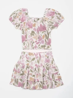 Ensemble fille top jupe fleurs aquarelle