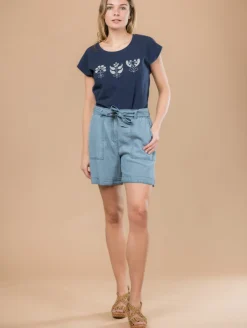 Short effet denim ceinture nouée